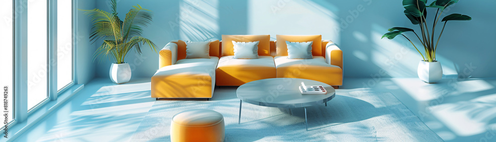 Poster amidst the isometric layout of a cutting-edge smart home, a remote control is held by a hand, overse
