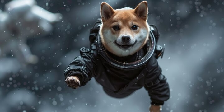 A photo of a shiba inu dog wearing a space suit and floating in space. AIG51A.