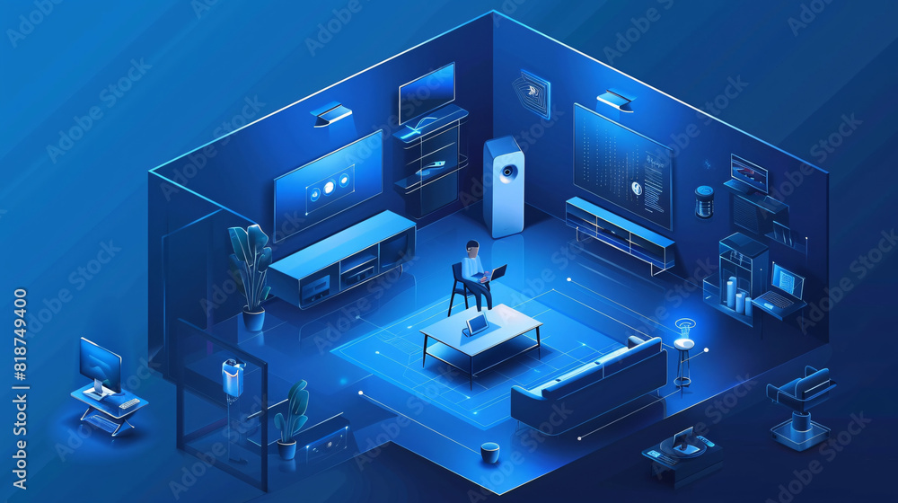 Poster in a futuristic depiction of home technology, an individual uses a remote control to interact with t