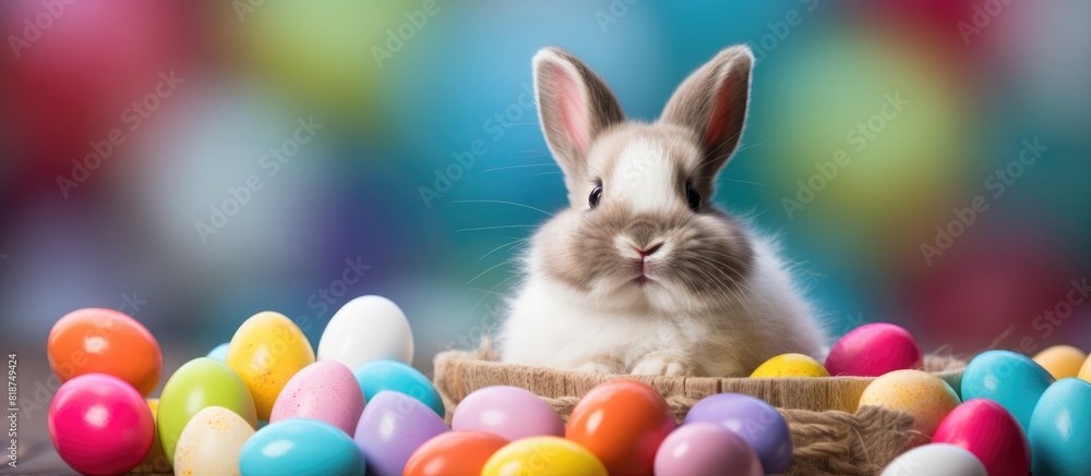 Canvas Prints A cute dwarf rabbit is peacefully sitting in an Easter basket surrounded by colorful eggs and a delightful copy space image