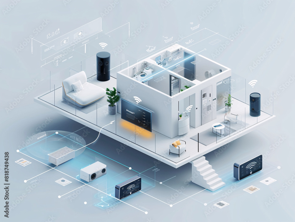 Poster in a futuristic depiction of home technology, an individual uses a remote control to interact with t