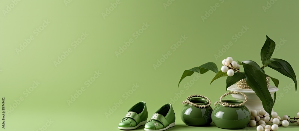 Poster a tranquil green backdrop showcases a charming image of a baby rattle and booties leaving ample room