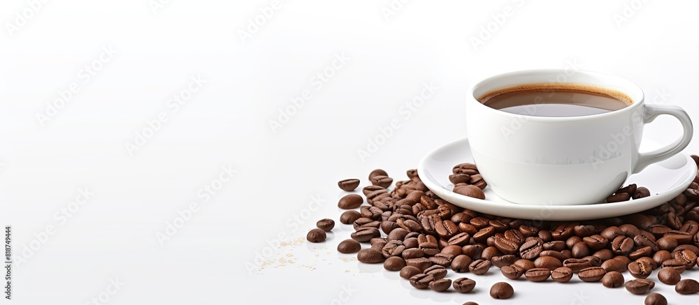 Poster A simple and clean composition featuring a coffee cup with a scattering of grains on a white background Perfect for a copy space image