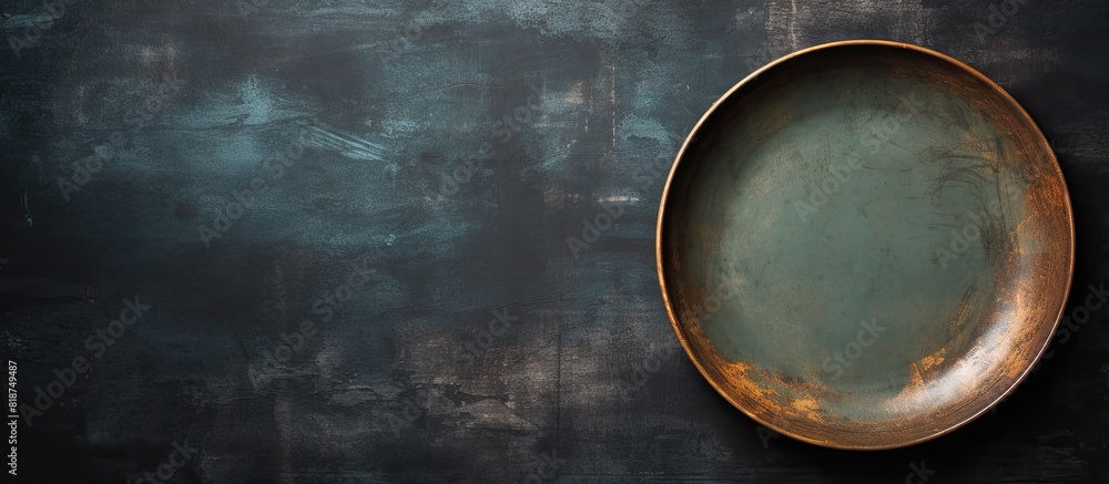Poster a round ceramic plate sits alone on a dark textured concrete background it s a simple image with cut
