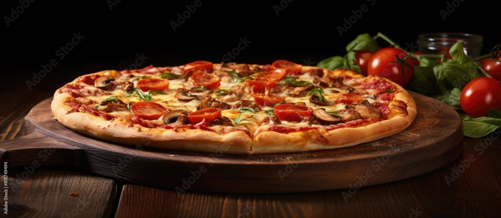 Poster A delicious pizza displayed on a rustic background with dark wooden tones providing ample copy space for additional elements in the image