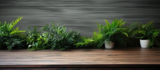 A wooden office desk adorned with artificial green plants creating a backdrop with ample copy space for images