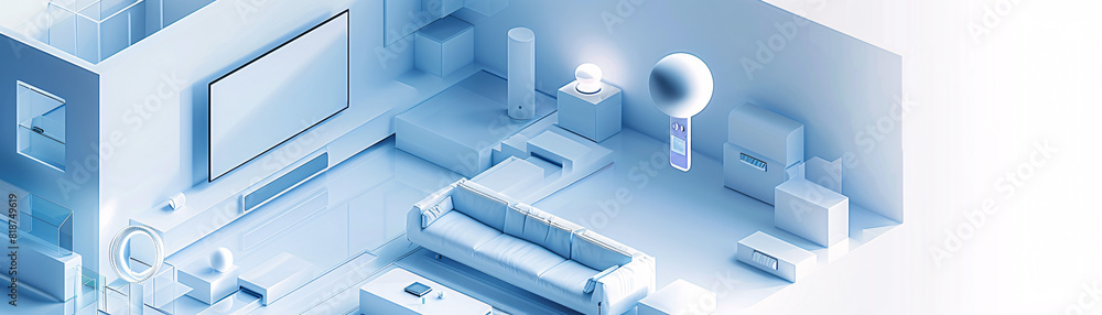 Poster in a futuristic depiction of home technology, an individual uses a remote control to interact with t