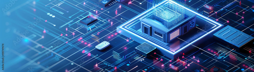 Poster in a futuristic depiction of home technology, an individual uses a remote control to interact with t