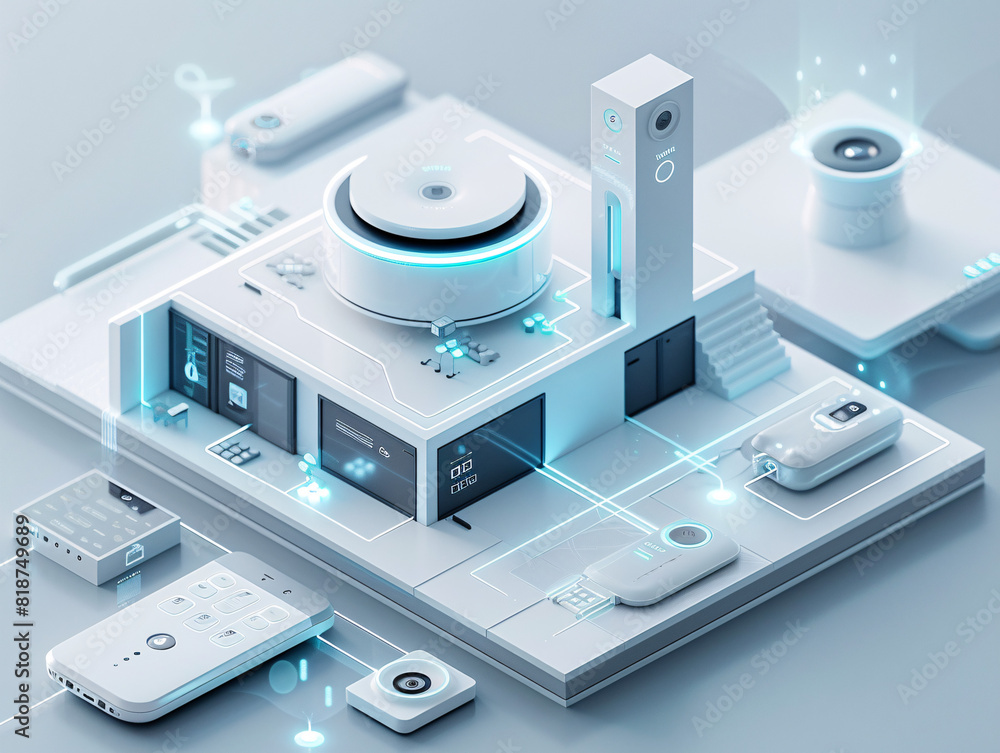 Poster in a futuristic depiction of home technology, an individual uses a remote control to interact with t