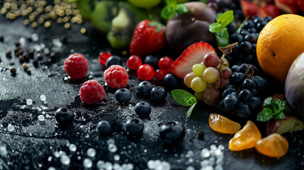 Assorted Fresh Berries and Fruits with Water Drops