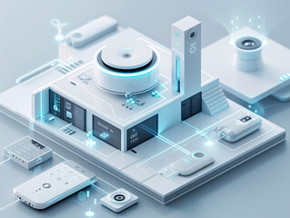 In a futuristic depiction of home technology, an individual uses a remote control to interact with the components of an AI-augmented reality smart home. The isometric layout and minimal color scheme