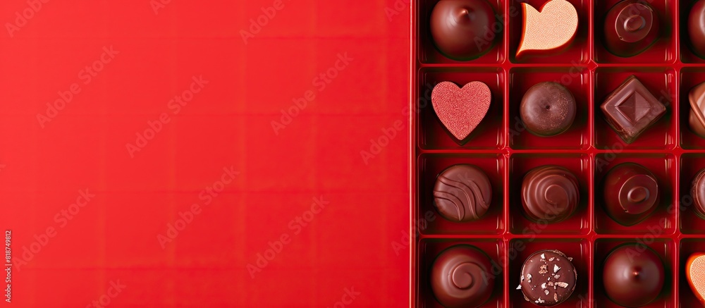 Poster Top view of a partially empty box of chocolate candies on a red background providing ample space for text
