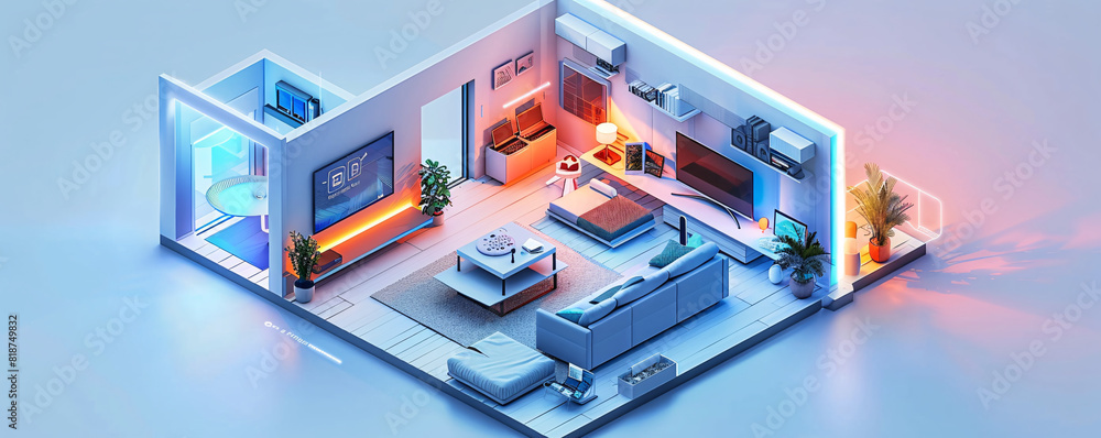 Poster in a futuristic depiction of home technology, an individual uses a remote control to interact with t