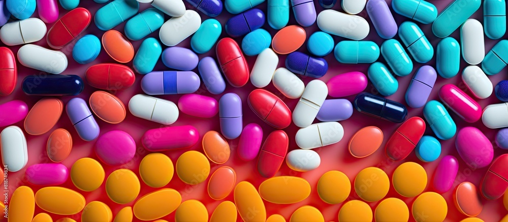 Poster Colorful background with copy space image featuring a top view of pills capsules