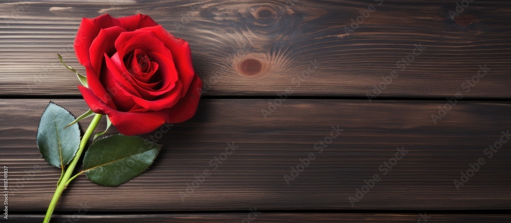 Aufkleber a red rose on a dark wooden background with empty space for text or image display. creative banner. 