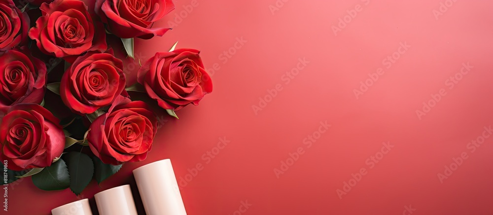 Aufkleber top view of cosmetic bottle and red roses on a colorful background with copy space image