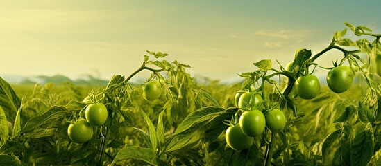 Green tomato plants in the fields still young and not yet ready for harvesting a copy space image