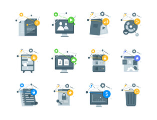 Set of images ralated to work,creative,writing,content,share,storage,cloud