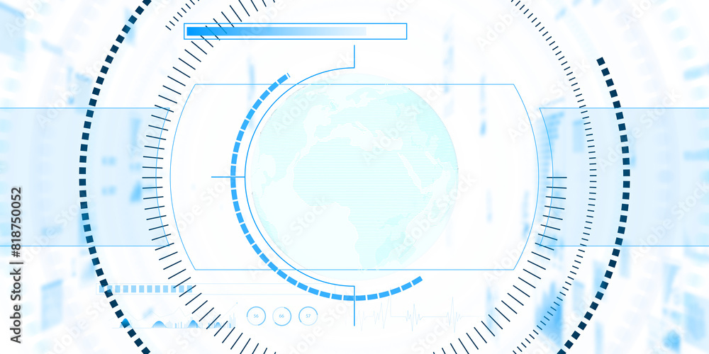 Poster A digital interface with a world map and various data elements, set on a light blue technological background, conveying global connectivity