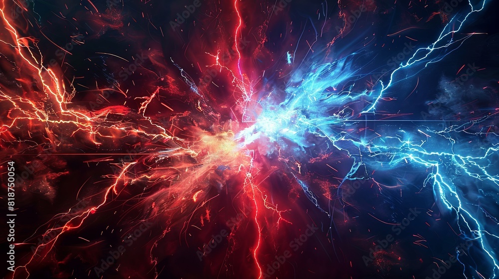 Wall mural red and blue lightning clash in the center of an abstract background