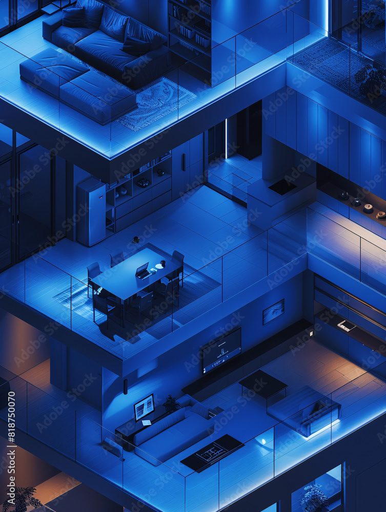 Poster within the sleek interior of an ai-augmented reality smart home, a person holds a remote control, ma