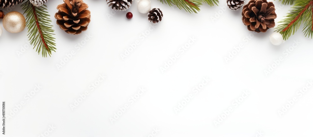 Leinwandbilder Top view of a Christmas background with an isolated fir tree and cone on a white background providing ample copy space for customization
