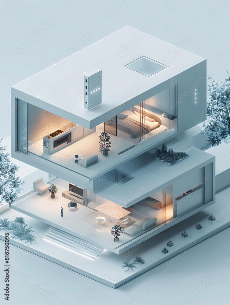 Aufkleber within the sleek interior of an ai-augmented reality smart home, a person holds a remote control, ma