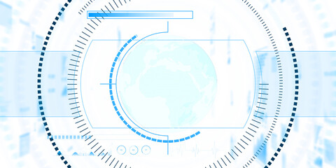 Obraz premium A digital interface with a world map and various data elements, set on a light blue technological background, conveying global connectivity