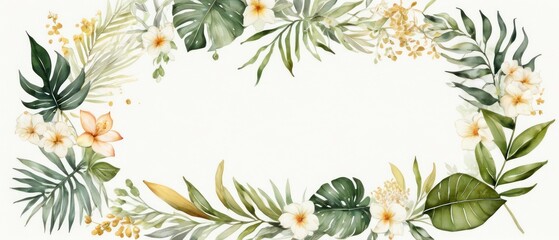 tropical leaves and flowers in a soft watercolor style background