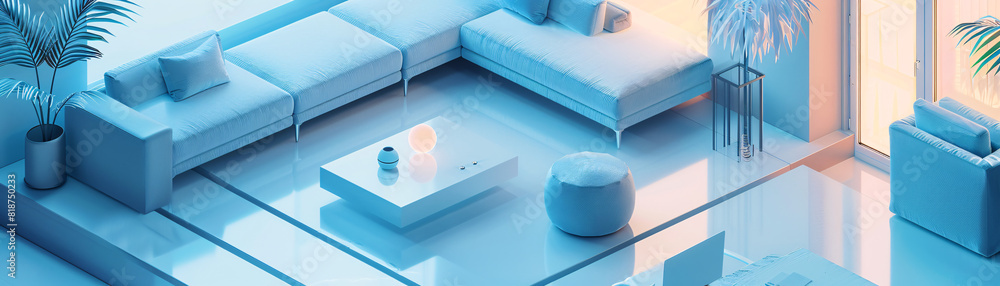 Poster within the sleek interior of an ai-augmented reality smart home, a person holds a remote control, ma