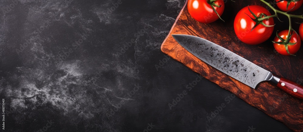 Poster a wooden knife with a tomato on a black marble surface can be seen in the kitchen creating a captiva