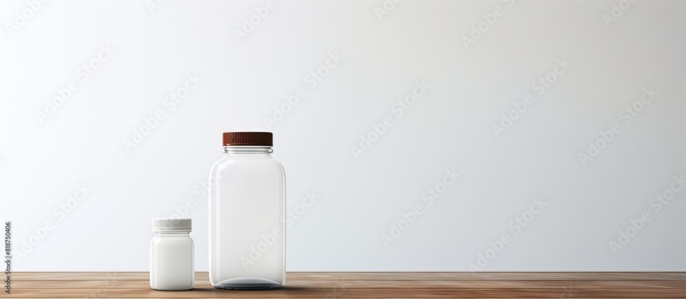Poster A medicine bottle sits on a table with a plain white background surrounding it creating a copy space image