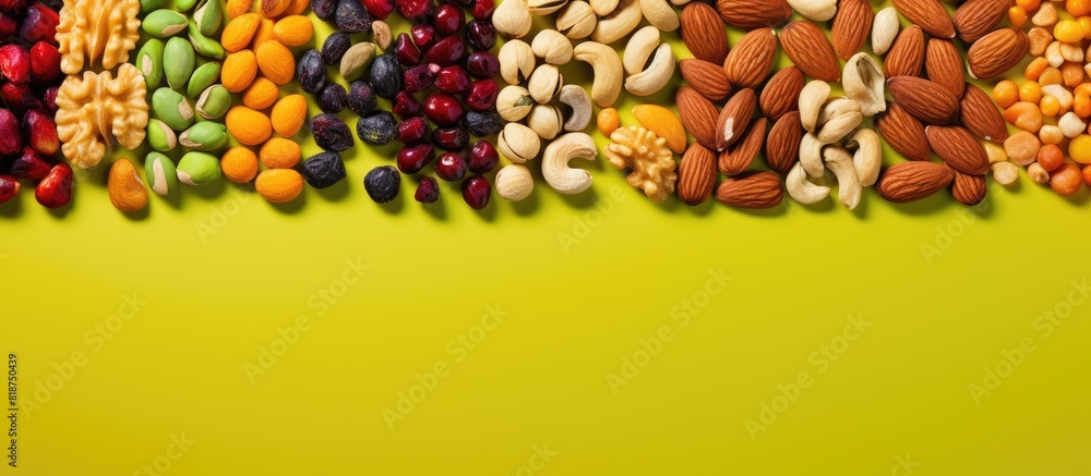 Aufkleber Colorful background with a delightful assortment of coated nuts for a copy space image