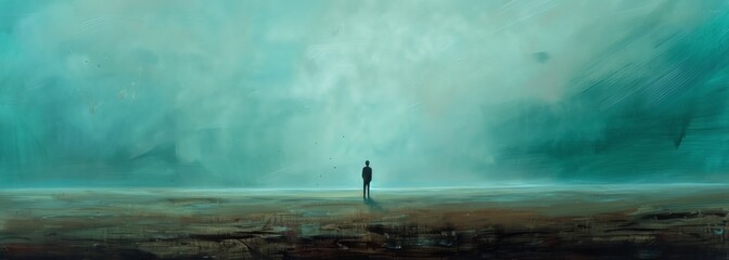 A solitary figure stands alone on a vast landscape beneath a dramatic, moody sky, evoking feelings of solitude and introspection.