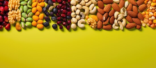 Colorful background with a delightful assortment of coated nuts for a copy space image