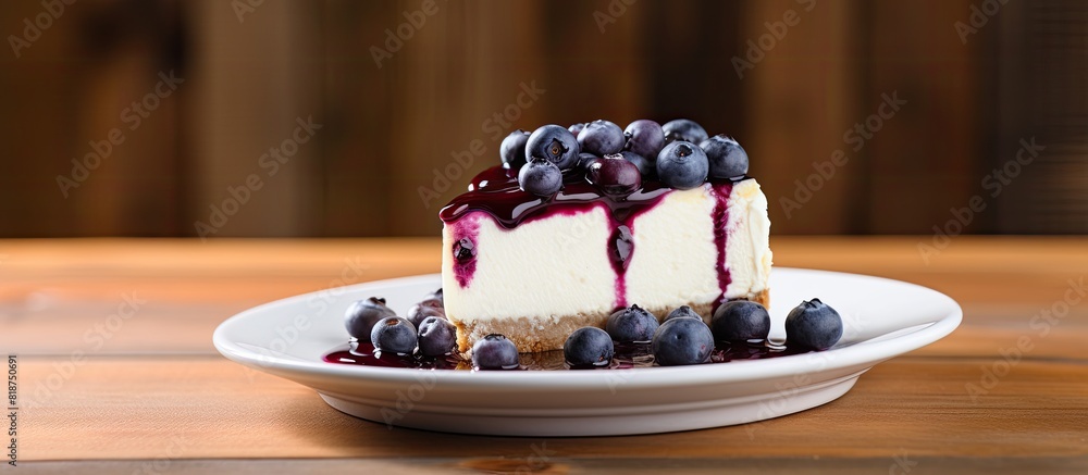 Poster A blueberry cheesecake is displayed on a white dish placed on a wooden table creating a visually appealing copy space image
