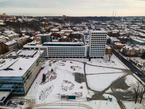 Aerial view of Unity square with office buildings in Kaunas, Lithuania in winter.
