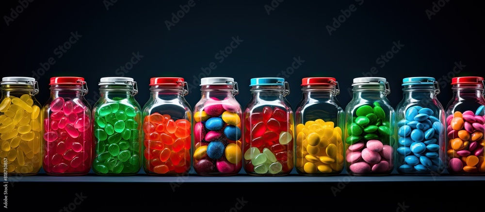 Fototapete a copy space image of colorful candy filled bottles placed on a table