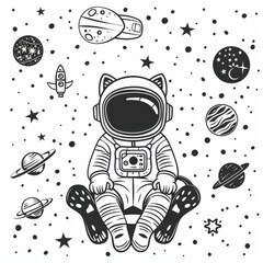 A black and white drawing of a space suit astronaut sitting on a planet. The astronaut is surrounded by planets and stars, and the overall mood of the image is one of wonder and exploration