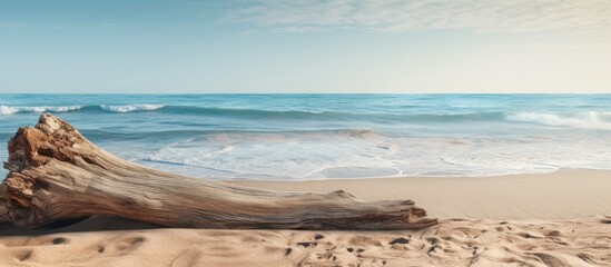 The image showcases a tree trunk made of wood with the picturesque backdrop of a sandy beach and texturized sea. Creative banner. Copyspace image