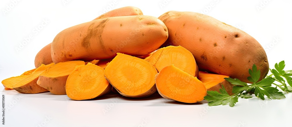 Poster a copy space image featuring sweet potatoes on a white background