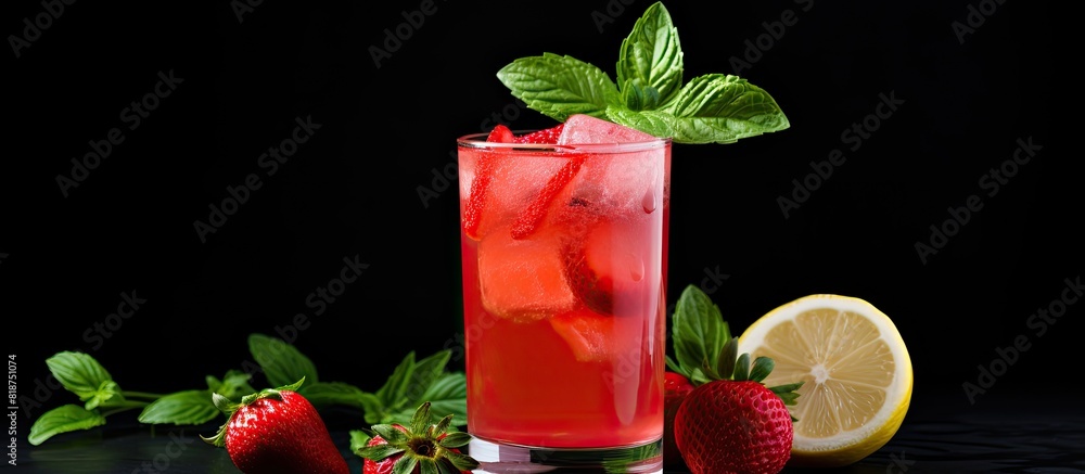 Poster A refreshing drink of homemade strawberry lemonade with a hint of basil is showcased on a dark background allowing for copy space