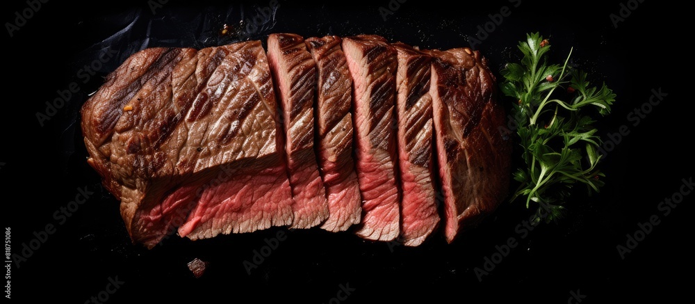Poster a rare grilled flank steak sliced and presented on a black background showcasing the marbled beef to