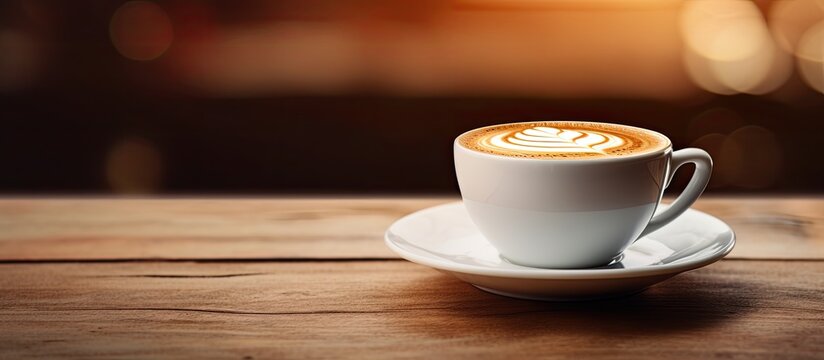 On the wooden table there is a copy space image of a latte filled cup of coffee