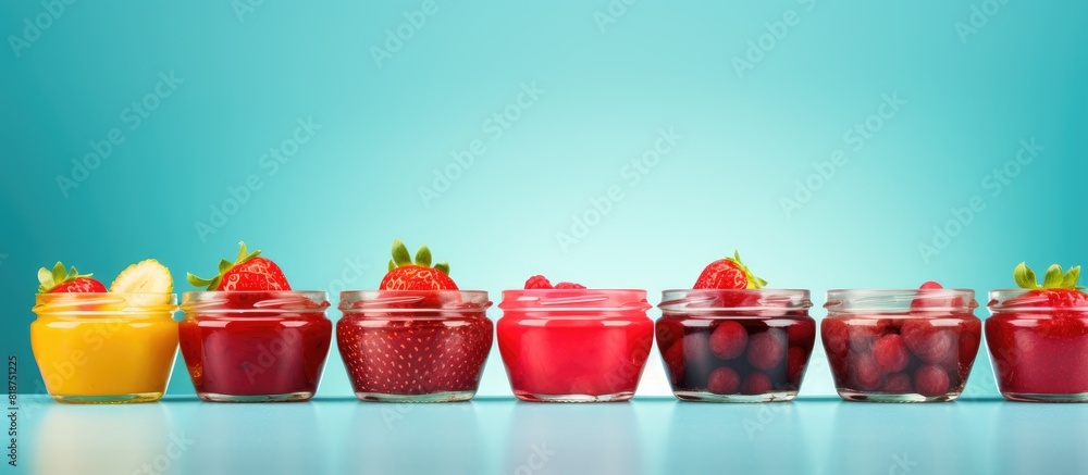 Poster colorful background enhances the presentation of bowls filled with delicious strawberry jam leaving 