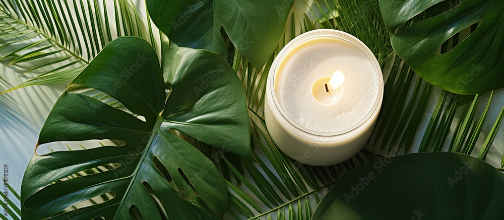 Poster a top down composition shows a spa themed arrangement with a cream jar green leaves and candles crea