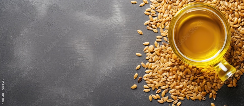 Poster copy space image of sesame oil and seeds arranged on a grey table in a flat lay style providing ampl