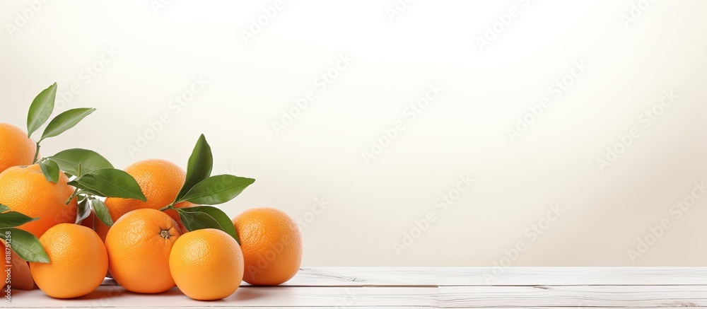 Poster a copy space image of small tangerines resting on a clean white wooden table