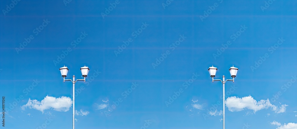 Poster a triple street lamp stands against a vibrant blue sky with ample space available on the right for a