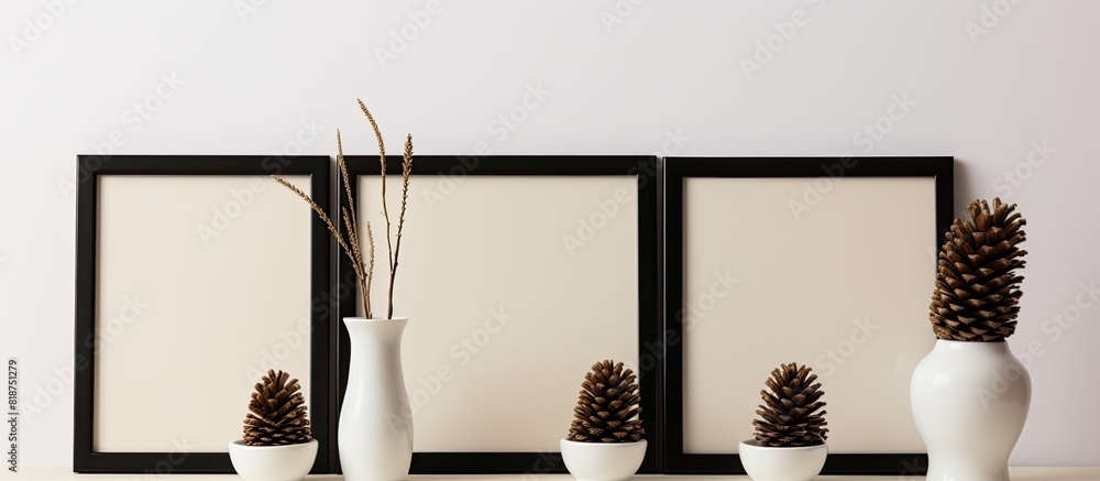 Poster Beige background with an empty black picture frame featuring a pinecone and vase providing copy space image